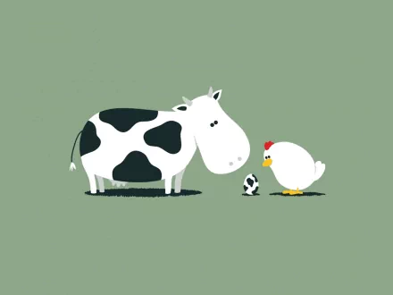 A humorous HD desktop wallpaper featuring a cartoon cow and chicken staring at a black and white spotted egg against a green background.