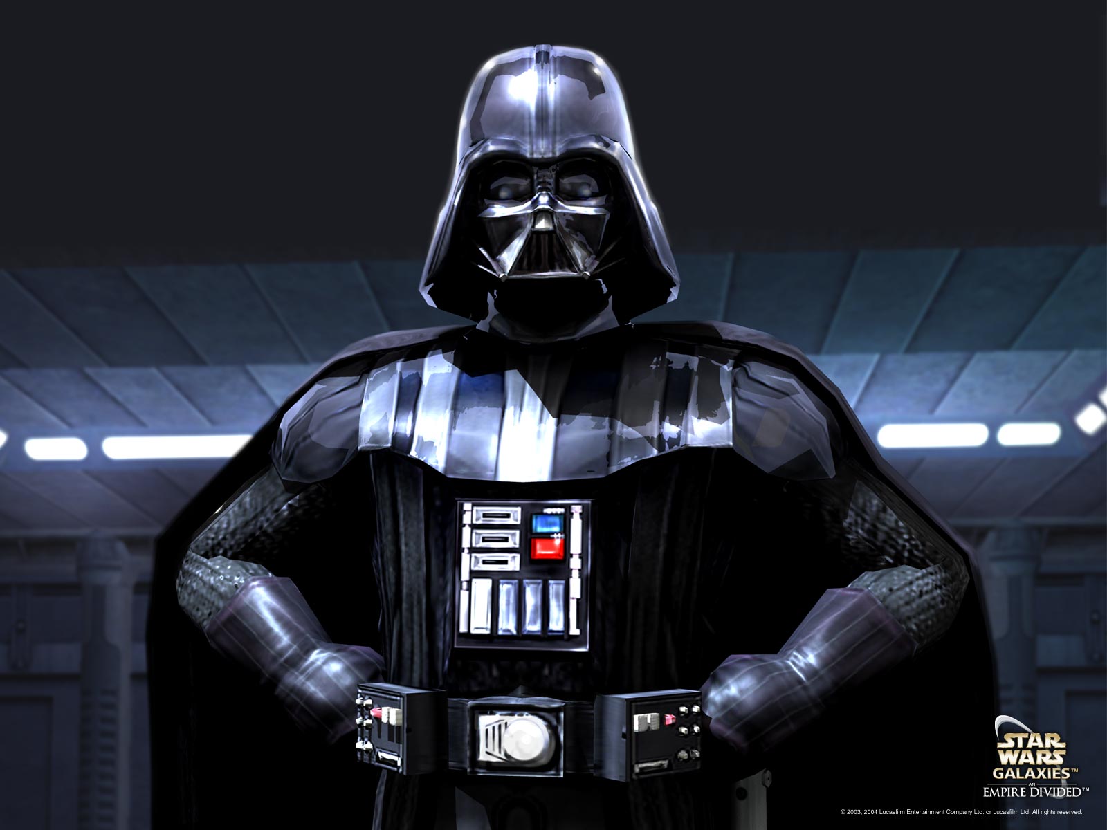 Darth Vader standing in the darkness with a glowing red lightsaber.