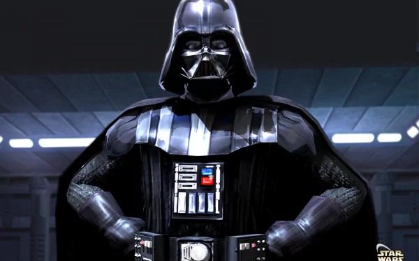 HD desktop wallpaper featuring Darth Vader from the video game Star Wars Galaxies, with a futuristic backdrop and the Star Wars logo in the bottom corner.