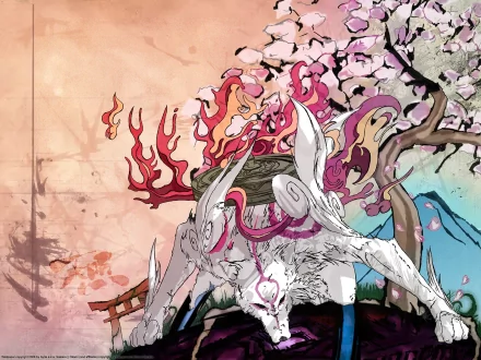 An HD wallpaper featuring Amaterasu, the wolf goddess from the video game Ōkami, surrounded by cherry blossoms and vibrant colors, embodying Japanese artistic elements.
