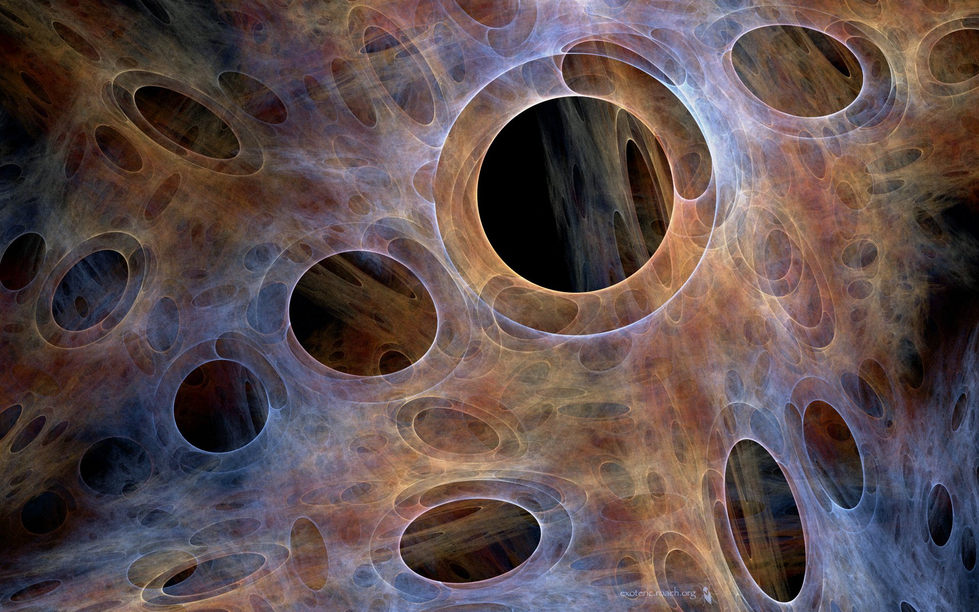 A mesmerizing abstract CGI design featuring intricate fractals and psychedelic patterns, creating a trippy atmosphere for an engaging HD desktop wallpaper.