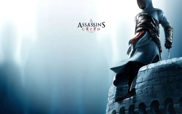 HD desktop wallpaper of Assassin's Creed, featuring a hooded figure standing on a stone wall against a misty blue background.