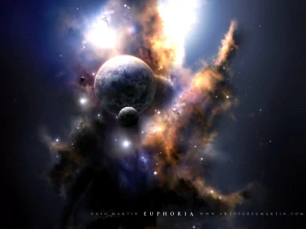 HD desktop wallpaper and background featuring a sci-fi inspired nebula with vibrant colors and two planets, blending cosmic elements in a visually striking scene.