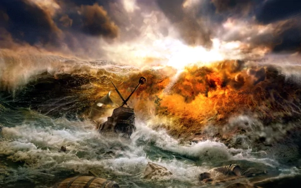 A dramatic fantasy scene featuring a ship battling enormous waves against a fiery sunset backdrop, creating a stunning HD desktop wallpaper.