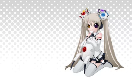 HD desktop wallpaper featuring an anime-style character dressed in a futuristic white outfit, tagged with Portal (Video Game). The background is a grey pattern of dots.