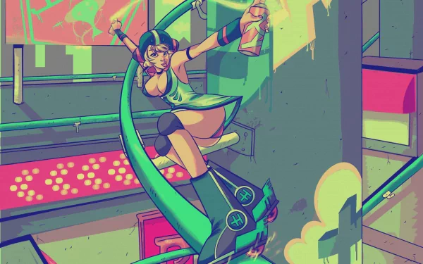 An HD desktop wallpaper featuring a character from Jet Set Radio Future, showcasing vibrant colors and dynamic movement as she skateboards and spray paints in a stylized urban environment.