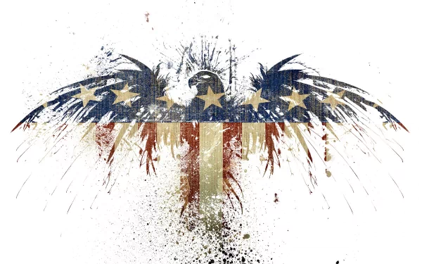 HD desktop wallpaper featuring an artistic depiction of an American flag with a spread eagle, blending stars and stripes in a dynamic, splattered design.