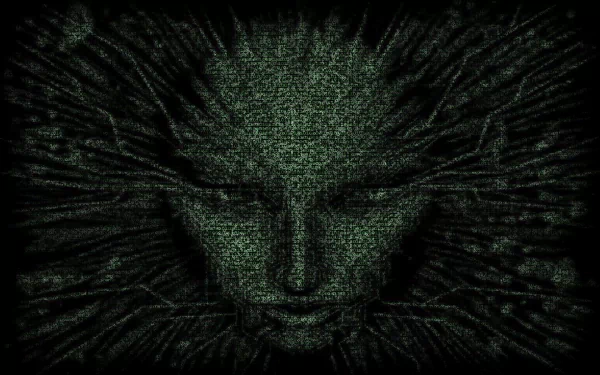A high-definition desktop wallpaper featuring a digital face emerging from a chaotic matrix, inspired by the aesthetics of Matrix and System Shock video games.