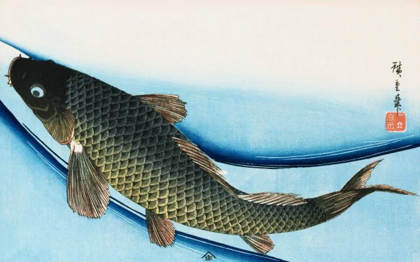 A beautifully illustrated HD desktop wallpaper featuring a distinct fish, showcasing intricate scales and vibrant colors against a soothing blue background.