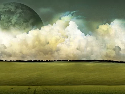 HD PC desktop wallpaper featuring a dreamy world with vast green fields under dramatic, fluffy clouds and a faint celestial body in the sky, blending nature and fantasy.
