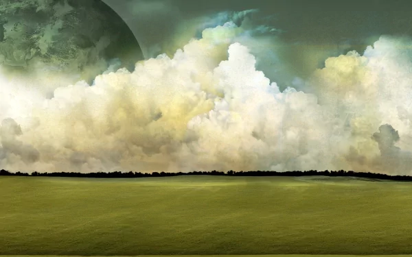 HD PC desktop wallpaper featuring a dreamy world with vast green fields under dramatic, fluffy clouds and a faint celestial body in the sky, blending nature and fantasy.