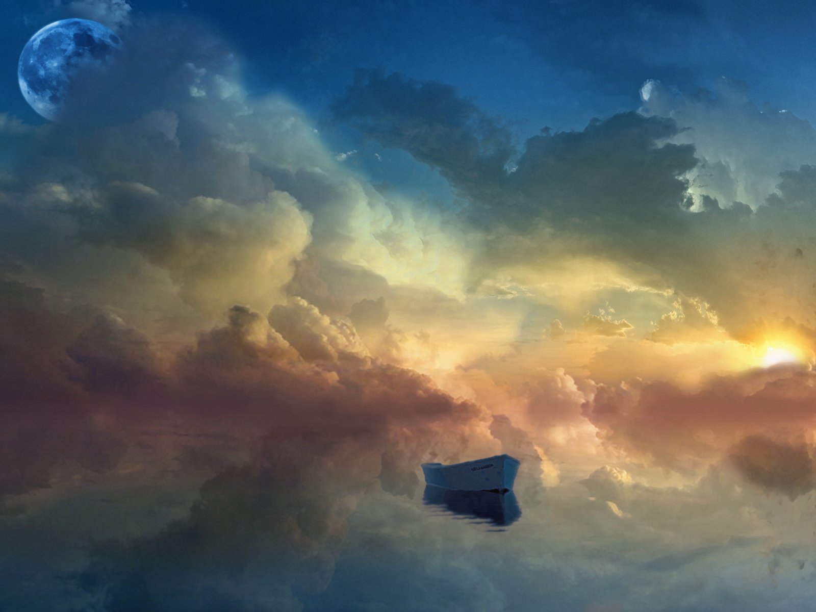 A stunning HD wallpaper depicting a serene boat floating amidst vibrant clouds at sunset, capturing the essence of nature's beauty and scenic tranquility.