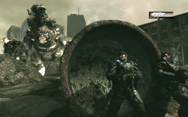 A dramatic Gears of War HD PC wallpaper featuring two characters poised in an urban landscape, with a menacing creature looming in the background.