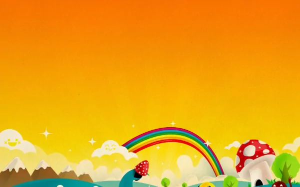 Artistic vector HD PC desktop wallpaper featuring a colorful rainbow arching over a whimsical landscape with oversized mushrooms and stylized trees under a bright orange sky.