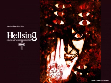 HD desktop wallpaper featuring an intense, dark-themed illustration from the anime Hellsing, showcasing a character with ominous red eyes surrounded by multiple eyes and mysterious symbols.