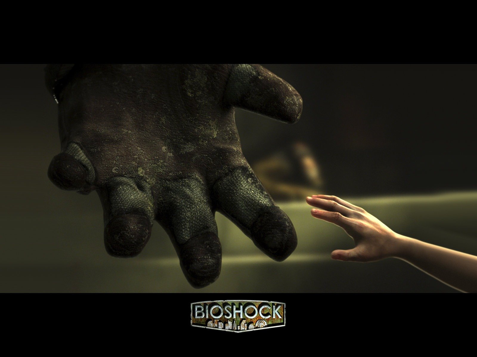 HD desktop wallpaper featuring a powerful scene from the video game Bioshock. A large, gloved hand reaches out towards a smaller, ungloved hand, evoking a sense of intrigue and connection.