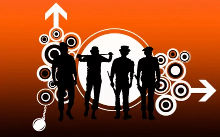 HD PC desktop wallpaper featuring a stylized, silhouetted scene from the movie A Clockwork Orange with bold orange and black graphic elements.