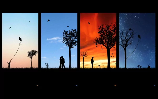 HD artistic wallpaper depicting the life course in four panels, featuring a person flying a kite, a couple under a tree, a solitary figure at sunset, and a dark, starry night with windy trees.