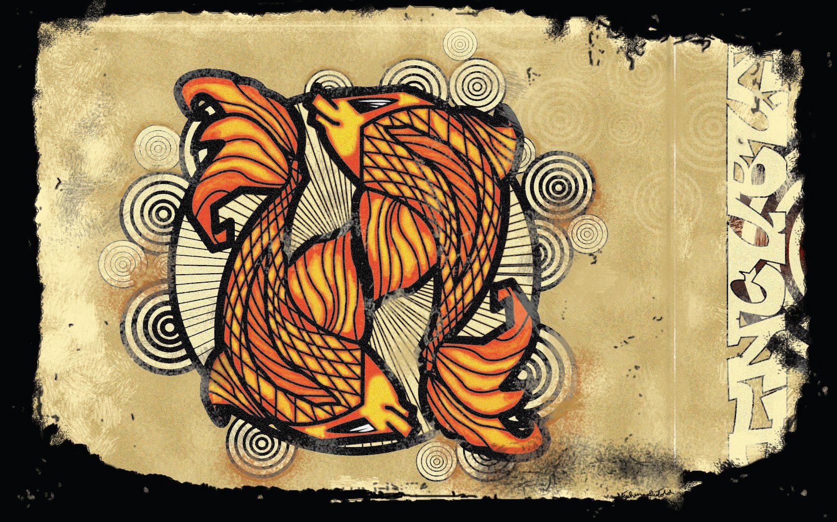A vibrant HD desktop wallpaper featuring an artistic design of intertwined orange fish against a beige background, surrounded by concentric circles and a textured border.