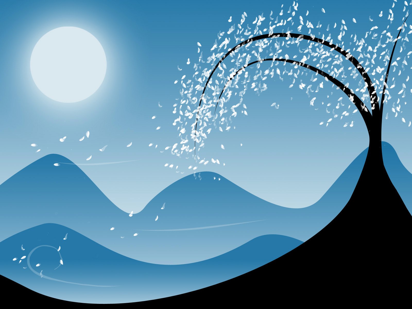 A serene artistic depiction of nature featuring rolling hills and a stylized tree, with a luminous moon above and delicate petals drifting in the breeze. A tranquil HD wallpaper for any desktop.