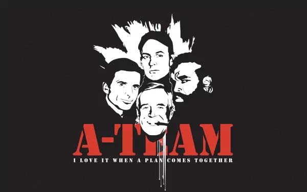 HD PC desktop wallpaper featuring a stylized black and white illustration of The A-Team cast with the red A-Team logo and the tagline I love it when a plan comes together.