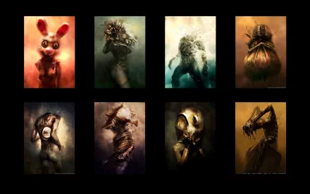 HD desktop wallpaper featuring eight dark and creepy characters, each portrayed with eerie and unsettling details on a black background.