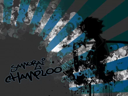 A striking HD desktop wallpaper featuring Mugen from Samurai Champloo, set against an artistic backdrop of bold stripes and abstract designs, showcasing the anime's distinctive style.
