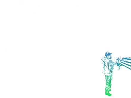 HD desktop wallpaper featuring an artistic graffiti of a person in blue and green hues spray painting a wall against a minimalistic white background.