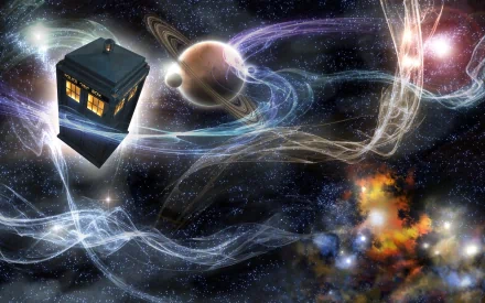 HD desktop wallpaper featuring the Tardis from the TV show Doctor Who (2005) floating in a vibrant, star-filled universe with planets and nebulae.