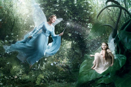 HD Disney Dream Portraits wallpaper featuring a fairy in a flowing blue dress casting magic toward a seated girl surrounded by lush forest foliage.