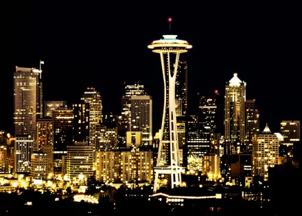 A stunning night view of Seattle's city skyline, featuring the illuminated Space Needle among dazzling lights, showcasing the vibrant beauty of a man-made urban landscape.