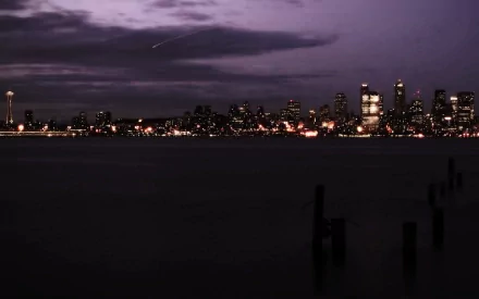 HD PC desktop wallpaper/background: Seattle's man-made skyline at dusk, glittering city lights across water with silhouetted pilings in the foreground.