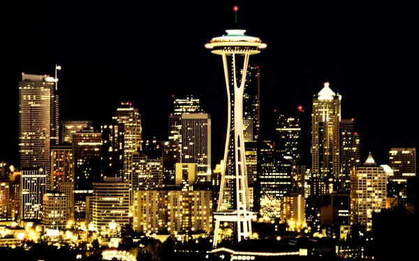 A stunning night view of Seattle's city skyline, featuring the illuminated Space Needle among dazzling lights, showcasing the vibrant beauty of a man-made urban landscape.