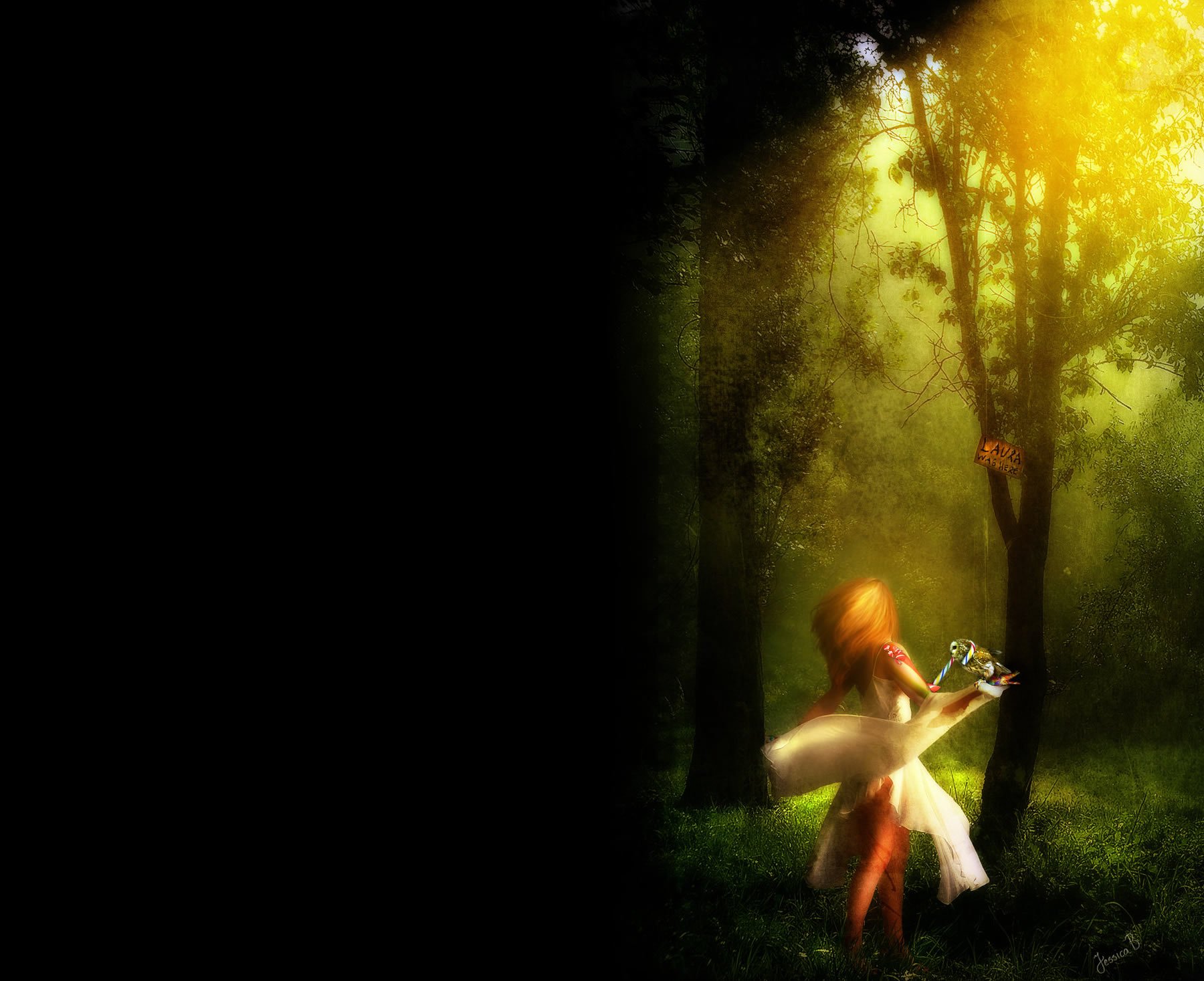 Fantasy HD wallpaper depicting a woman in a mystical forest, bathed in golden sunlight. The scene is magical and serene, with an ethereal glow highlighting the natural beauty around her.