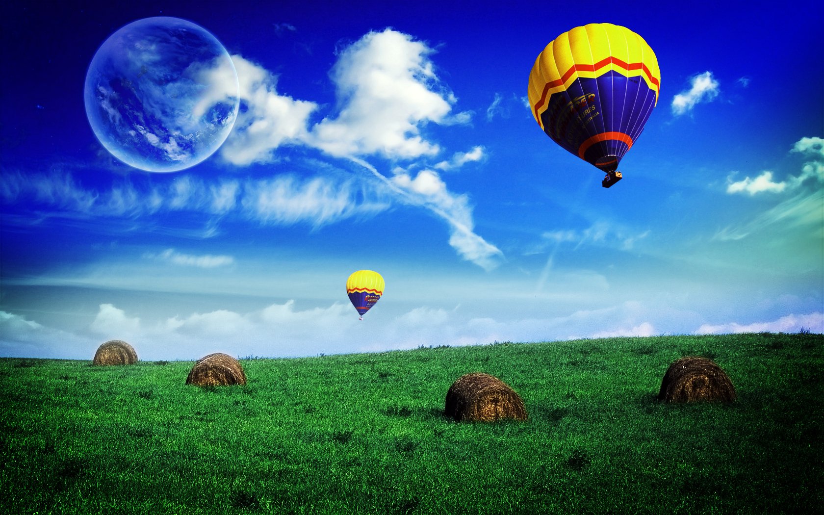 A vibrant HD desktop wallpaper featuring colorful hot air balloons drifting over a lush green field under a bright blue sky with fluffy clouds, creating an artistic nature scene.