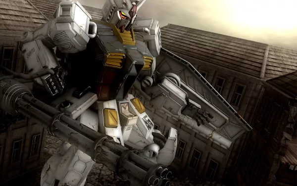 HD wallpaper featuring GN-003 Gundam Kyrios from the Gundam anime series, standing in front of a backdrop of buildings with a dramatic sky overhead.