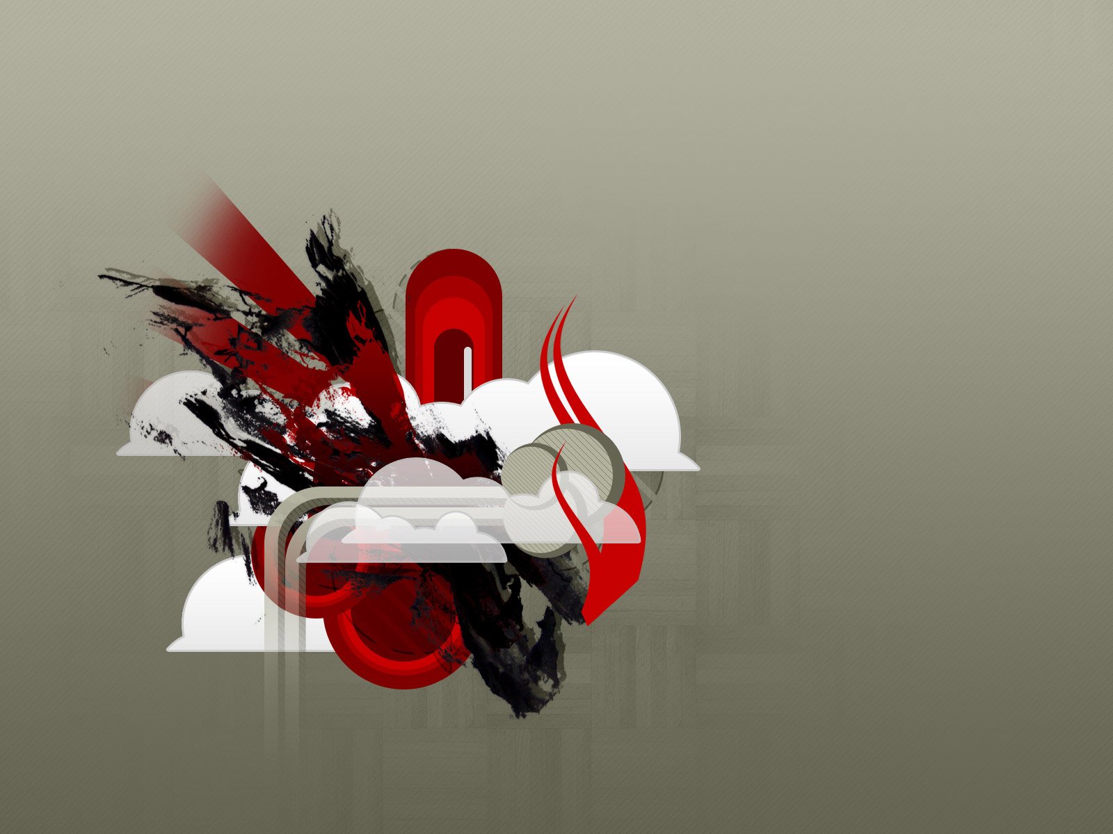 HD desktop wallpaper featuring an artistic vector design with bold red, black, and white abstract elements on a neutral gray background.