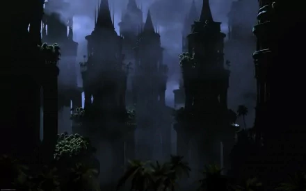 A dark cityscape featuring towering structures shrouded in mist, creating an atmospheric and mysterious backdrop for an HD desktop wallpaper.