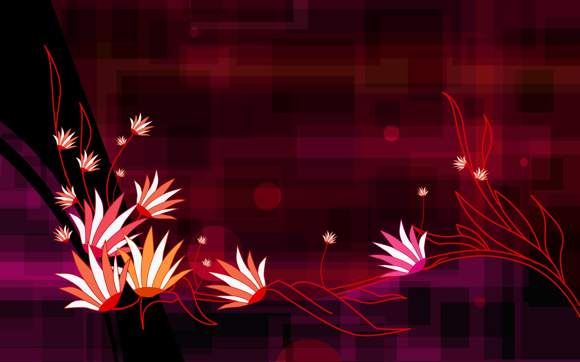 A vibrant artistic wallpaper featuring a striking floral pattern in shades of red and pink, blending elements of nature with modern design for a visually appealing desktop background.