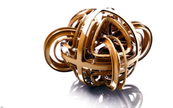 A high-definition desktop wallpaper featuring a CGI abstract 3D design with intertwined bronze-like structures on a reflective surface.