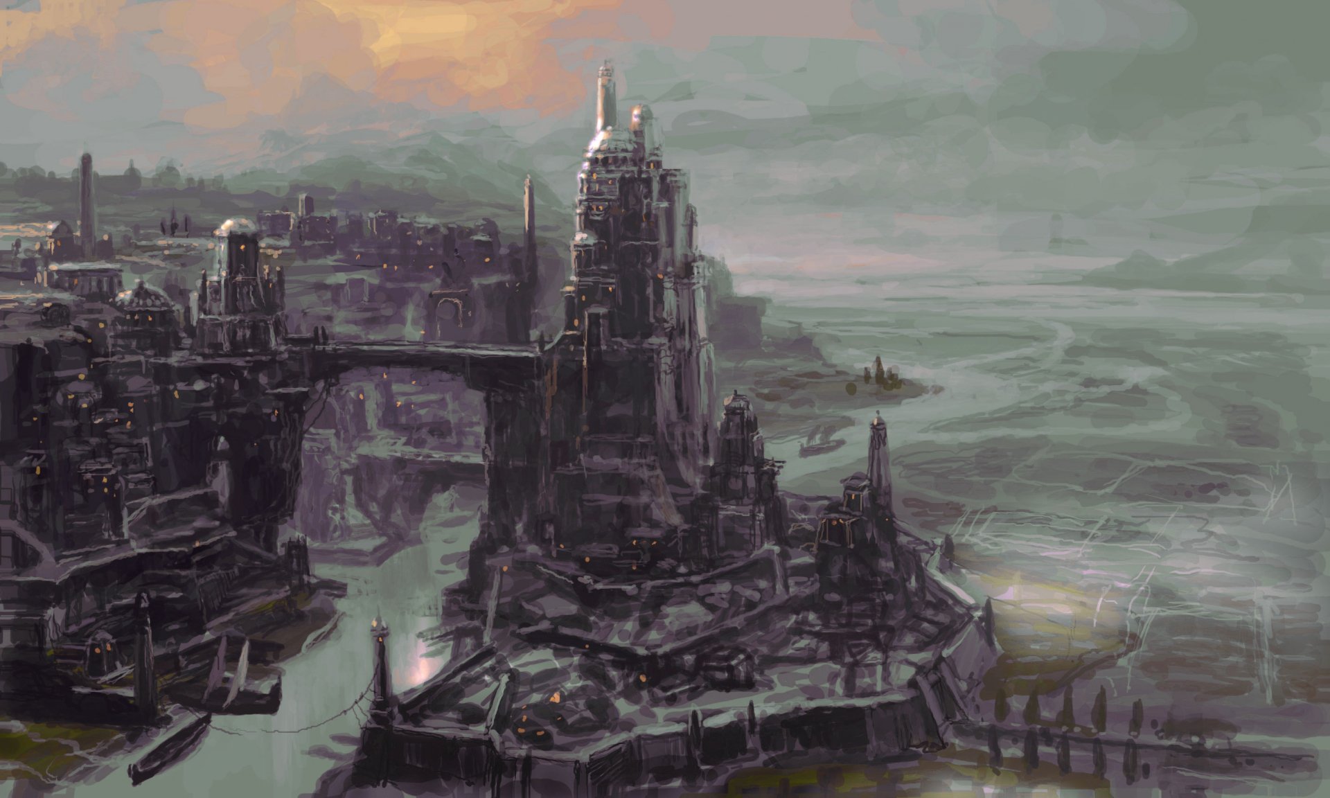HD PC desktop wallpaper featuring a dark, detailed cityscape from the video game Age of Conan, with towering structures and a misty, dramatic coastline.