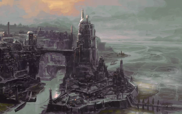 HD PC desktop wallpaper featuring a dark, detailed cityscape from the video game Age of Conan, with towering structures and a misty, dramatic coastline.