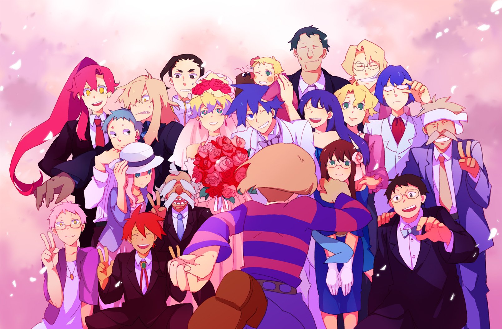 A vibrant HD wallpaper featuring characters from Tengen Toppa Gurren Lagann, celebrating together with joyful expressions, elegant outfits, and a backdrop of soft pink hues and flowers.