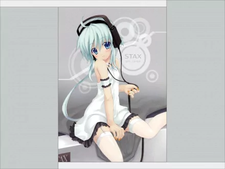 A vibrant anime character with blue hair and headphones sits elegantly, surrounded by a modern backdrop, making this HD PC desktop wallpaper visually striking and engaging.