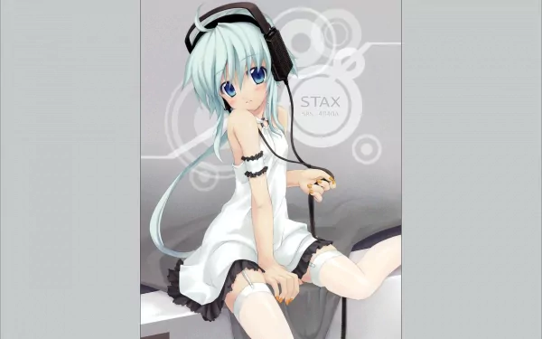 A vibrant anime character with blue hair and headphones sits elegantly, surrounded by a modern backdrop, making this HD PC desktop wallpaper visually striking and engaging.