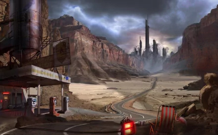 HD wallpaper featuring a futuristic sci-fi city amidst rocky canyons, with a road leading to towering skyscrapers under a dramatic sky. A desolate gas station is on the left side.