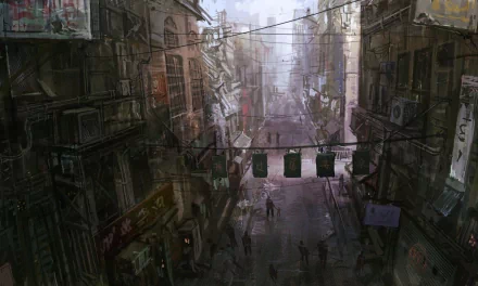 A vibrant anime-inspired cityscape features bustling streets and towering buildings, with pedestrians navigating through a foggy, atmospheric setting. HD quality wallpaper for PC desktops.
