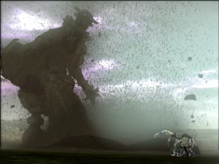 A HD desktop wallpaper from the video game Shadow of the Colossus, featuring a towering colossus and a lone warrior facing off in a dramatic, dust-filled landscape.