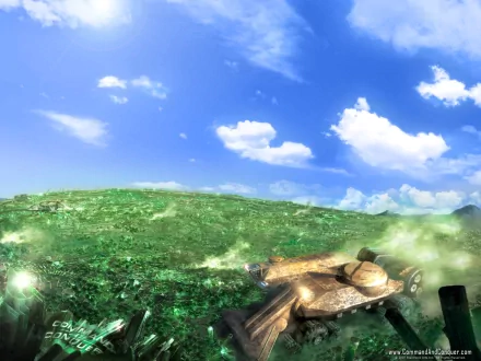 A vibrant HD wallpaper featuring a vast landscape covered in green Tiberium, with a tank in the foreground, inspired by the Command & Conquer: Tiberium Wars video game.