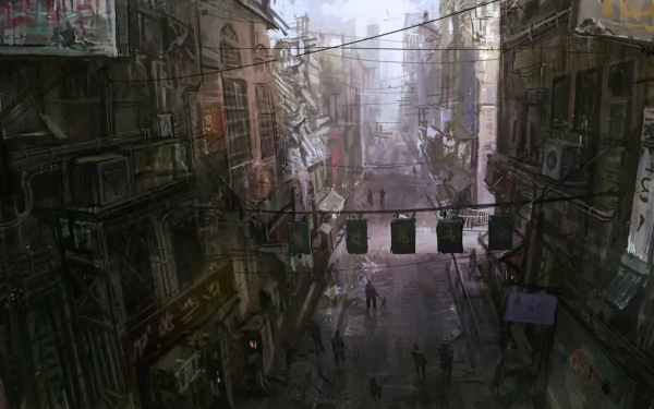 A vibrant anime-inspired cityscape features bustling streets and towering buildings, with pedestrians navigating through a foggy, atmospheric setting. HD quality wallpaper for PC desktops.